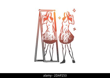 Mirror, woman, reflection, clothing, attractive concept. Hand drawn isolated vector. Stock Vector