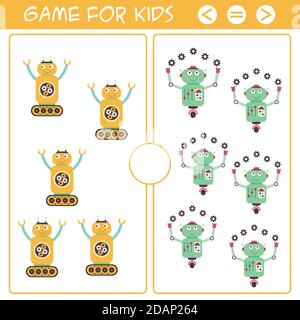 Education logic game for preschool kids.Cartoon funny robots Stock Vector