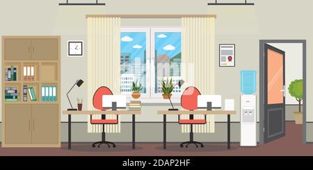 Empty office room,two workplaces,window,open door,flower in pots Stock Vector