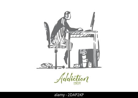 Computer, addiction, gaming, programmer concept. Hand drawn isolated ...