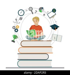 Cartoon boy teen sitting on books and read book Stock Vector