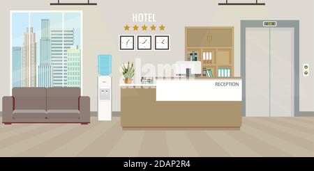 Modern Hotel reception Interior flat design.Room furniture. Stock Vector