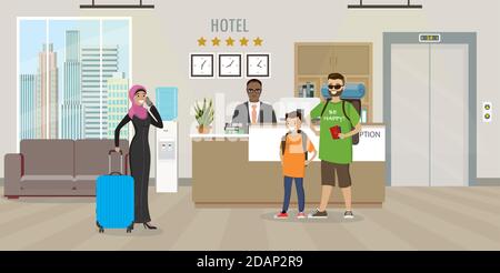 Modern Hotel reception Interior flat design.People in reception Stock Vector