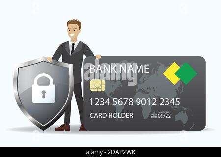 Young caucasian businessman holding credit card and shield with Stock Vector