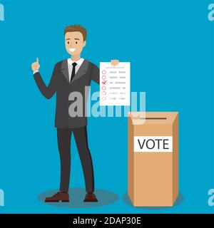 Caucasian male with voting sheet and ballot box Stock Vector