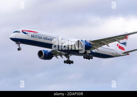 British Airways Airbus A350 jet airliner plane G-XWBC on approach to land at London Heathrow Airport, UK, during COVID 19 lockdown Stock Photo