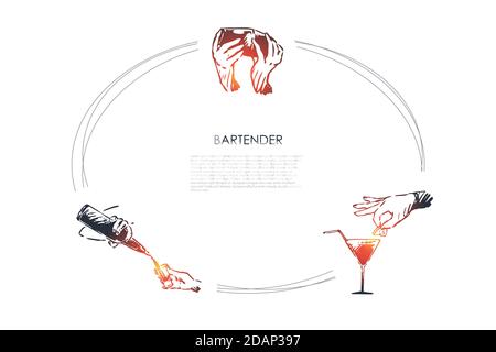 Bartender - hands of bartender shaking cocktail, putting lemon on glass, pouring drink from bottle vector concept set Stock Vector