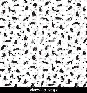 Funny black cats silhouette seamless pattern,cute pets backgroun Stock Vector