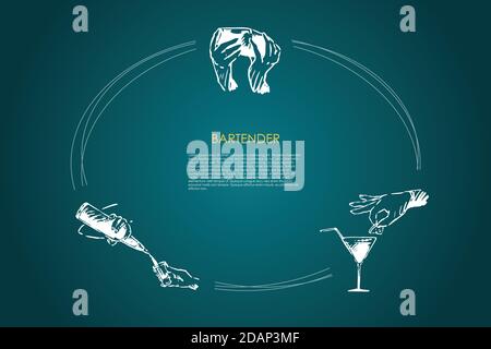 Bartender - hands of bartender shaking cocktail, putting lemon on glass, pouring drink from bottle vector concept set Stock Vector
