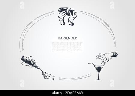 Bartender - hands of bartender shaking cocktail, putting lemon on glass, pouring drink from bottle vector concept set Stock Vector