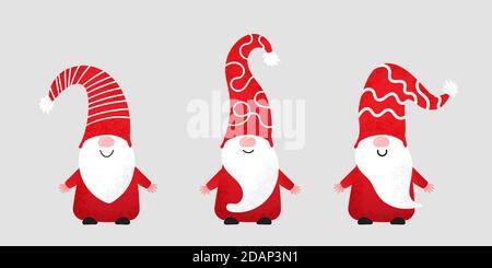 Set of cute christmas gnomes in funny hats with noise texture. Vector illustration of northern elfs, cartoon scandinavian dwarfs. Xmas elements for Stock Vector