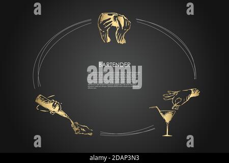Bartender - hands of bartender shaking cocktail, putting lemon on glass, pouring drink from bottle vector concept set Stock Vector