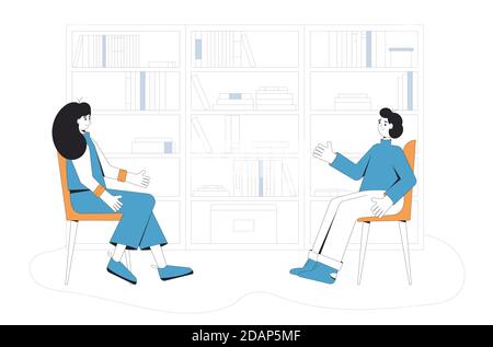 Interview concept. Two adult characters talking in the room. Female and male persons wearing in casual clothes communicate. Vector line art flat Stock Vector
