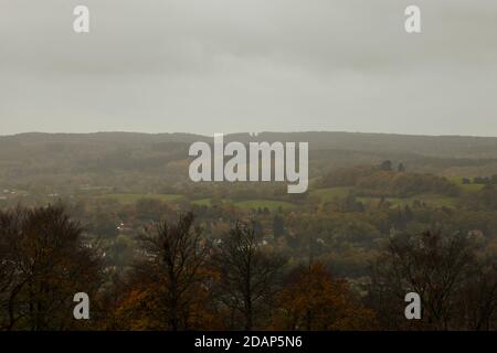 Mist on scenic view from Denbies Hillside, misty, Surrey Hills, England, UK, Autumn 2020 Stock Photo