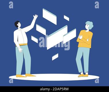 Data analysis concept. Adult characters with virtual screens. Male persons wearing in casual clothes talking about their job. Collegues meeting. Stock Vector