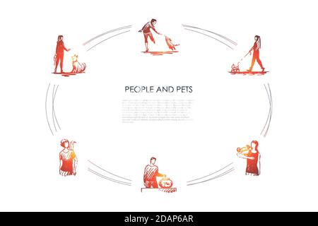 People and pets - people with their dogs, parrot, fish and lizzard vector concept set Stock Vector