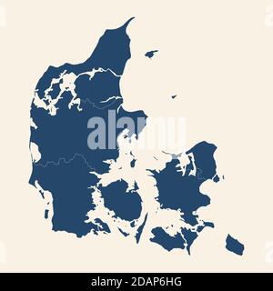 Denmark detailed map with its provinces. Cyan blue, cream white background. Stock Vector