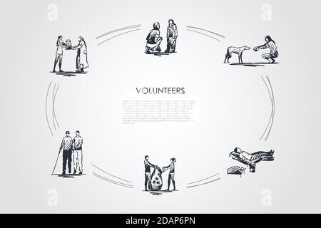 Volunteers - girls and boys helping elderly and homeless people and children, dogs, donating blood and collecting garbage vector concept set Stock Vector