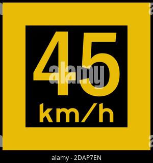 45 km/hr speed limit sign board. Parking area, bridge signs. Black on yellow board. Stock Vector