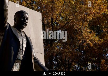 The statue of President Theodore Roosevelt during fall, autumn. At Theodore Roosevelt park in the Potomac river between Washington DC and Virginia. Stock Photo