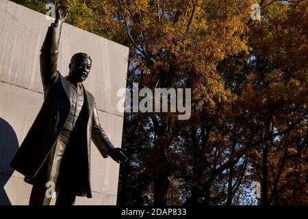 The statue of President Theodore Roosevelt during fall, autumn. At Theodore Roosevelt park in the Potomac river between Washington DC and Virginia. Stock Photo