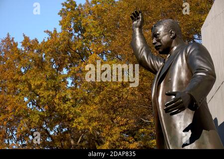 The statue of President Theodore Roosevelt during fall, autumn. At Theodore Roosevelt park in the Potomac river between Washington DC and Virginia. Stock Photo
