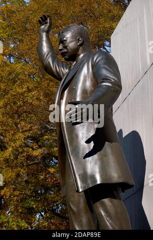 The statue of President Theodore Roosevelt during fall, autumn. At Theodore Roosevelt park in the Potomac river between Washington DC and Virginia. Stock Photo