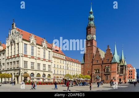 WROCLAW, LOWER SILESIAN PROVINCE, POLAND: West side of the Market Square, with old city hall. Old Town district. Stock Photo