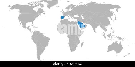Spain, Saudi arabia countries isolated on world map. Light gray background. Backgrounds and wallpapers. Stock Vector