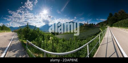 Wide-angle panorama view of the road from Schenna to Sankt Georgen with a view over the apple orchards in the light of the sun in South Tyrol in summe Stock Photo