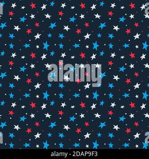 Red, blue, white confetti star seamless pattern on cyan blue background. Textile fabric dress, Birthday backdrop designs. Stock Vector