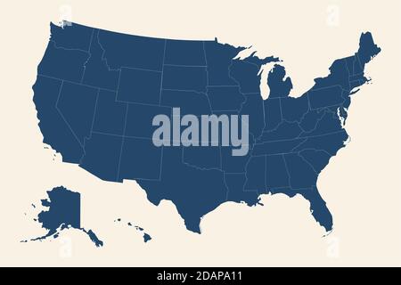 USA map with detailed provinces. Cyan blue, cream white background. Stock Vector