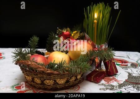 Traditional food on Orthodox Christmas Eve.Christmas decoration. Stock Photo