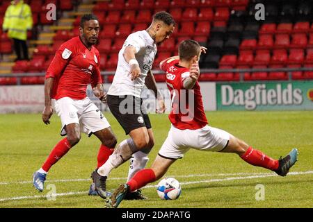 CREWE, ENGLAND. NOVEMBER 14TH Peterboroughs Jonson Clarke - Harris has a shot blocked second half during the Sky Bet League 1 match between Crewe Alexandra and Peterborough at Alexandra Stadium, Crewe on Saturday 14th November 2020. (Credit: Chris Donnelly | MI News) Credit: MI News & Sport /Alamy Live News Stock Photo