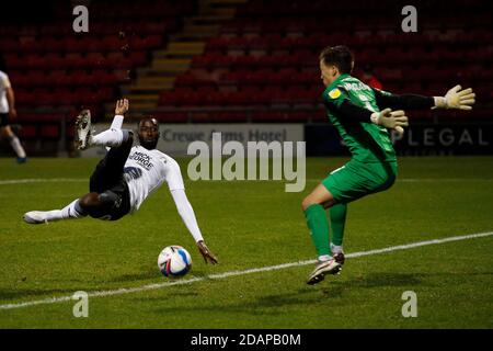 CREWE, ENGLAND. NOVEMBER 14TH Peterboroughs Siriki Dembele has a shot saved in the second half during the Sky Bet League 1 match between Crewe Alexandra and Peterborough at Alexandra Stadium, Crewe on Saturday 14th November 2020. (Credit: Chris Donnelly | MI News) Credit: MI News & Sport /Alamy Live News Stock Photo