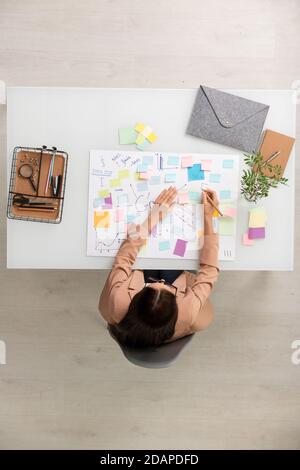 Overview of brunette businesswoman making working notes on notepapers Stock Photo