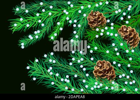 Christmas tree branches with cones on dark background. Christmas, New Year, Winter banner with pine twigs,pinecones and copy space.Vector Illustration Stock Vector