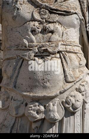 Headless armored statue of Trajan at the Temple of Trajan, in Pergamum (Pergamon) Ancient City. Bergama, Izmir, Turkey. Acropolis . Stock Photo