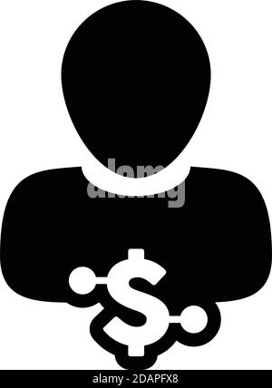 Dollar icon vector digital currency symbol with male user person profile avatar for wallet in a glyph pictogram illustration Stock Vector