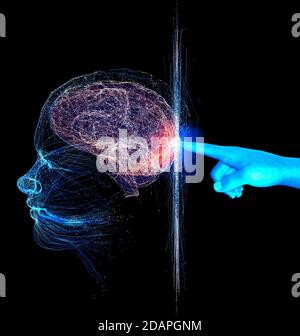 Digital consciousness, transfusion of intellect, digital identity. Artificial intelligence. Side view of a face and a pointing finger. Human creation Stock Photo