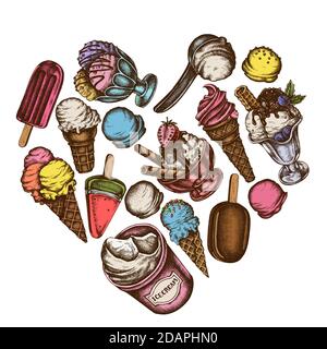 Heart design with colored ice cream bowls, ice cream bucket, popsicle ice cream, ice cream cones, ice cream scoop, ice cream balls Stock Vector