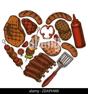 Heart design with colored spatula, Pork ribs, kebab, sausages, steak, sauce bottles, grilled burger patties, grilled tomato, grilled salmon steak Stock Vector