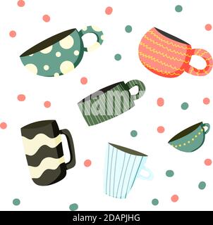 doodle hand drawing coffee cups in different designs on colour