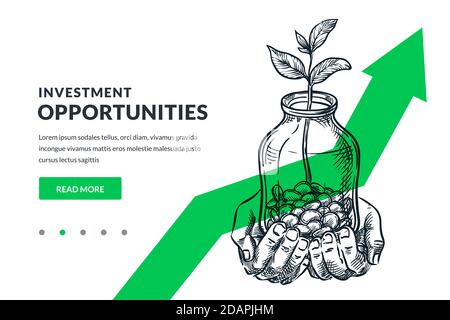 Investment and finance growth business concept. Human hands hold glass jar with coins and growing plant or tree on green arrow background. Hand drawn Stock Vector