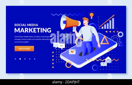 Social media digital marketing business technology concept. Vector illustration. Online communication and advertising strategy. Web landing page, bann Stock Vector