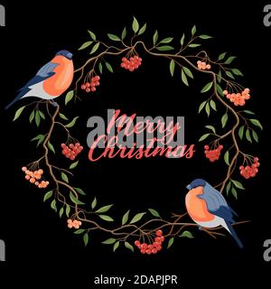 Hand drawn Merry Christmas typography in rowanberry winter wreath with bullfinches banner. Celebration text with berries and leaves for postcard, icon Stock Vector