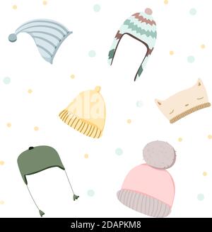 Set of six different hand drawn caps for cold weather Stock Vector