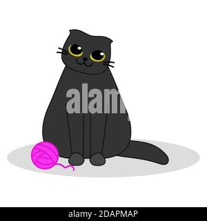 Cat with a pink ball of yarn. Cute black kitten with big yellow eyes. Simple cartoon vector illustration on white background Stock Vector