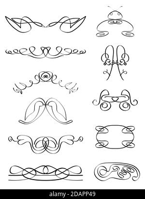 Set of hand drawn calligraphic design elements and page decoration with couple swans, birds, snakes, cricket bug. Isolated white background. Stock Vector