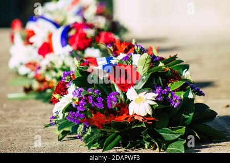 Reims France November 11, 2020 Closeup of wreath of flowers at the Armistice commemoration ceremony during the coronavirus epidemic and the lockdown t